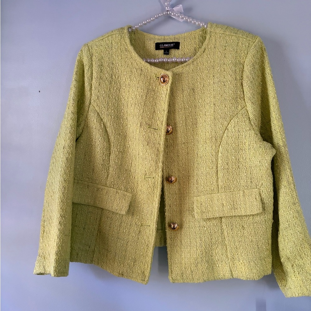 Glamour Lime Green Tweed Blazer with Gold Buttons